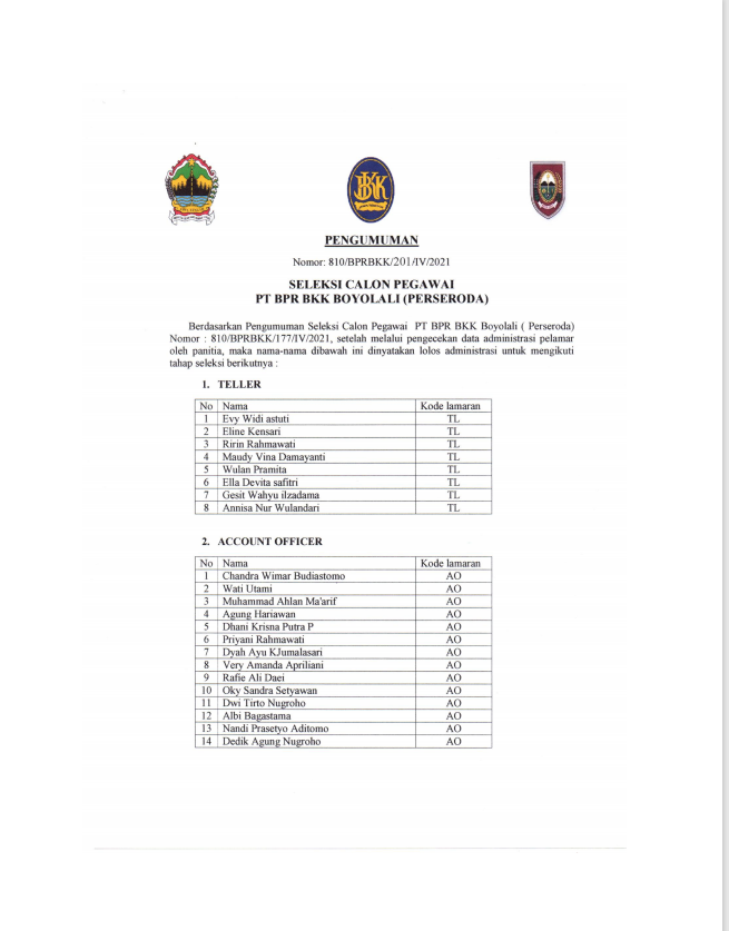 HASIL SELEKSI CALON PEGAWAI PT BPR BKK BOYOLALI ( PERSERODA ) TAHAP SELEKSI ADMINISTRASI